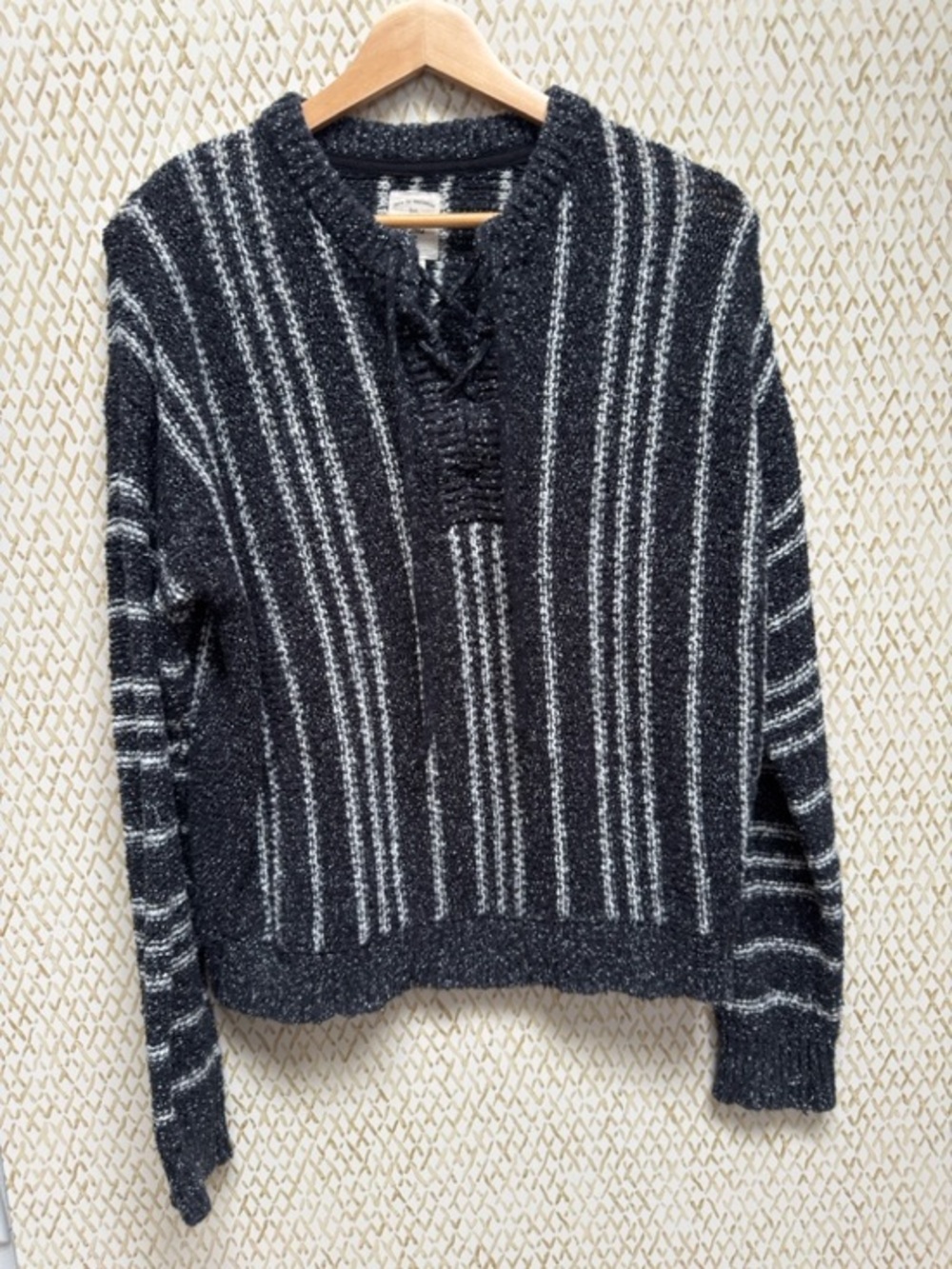 Billabong Striped Lace Up V-Neck Sweater Baja Surf Coastal Boho Knit Pullover- S